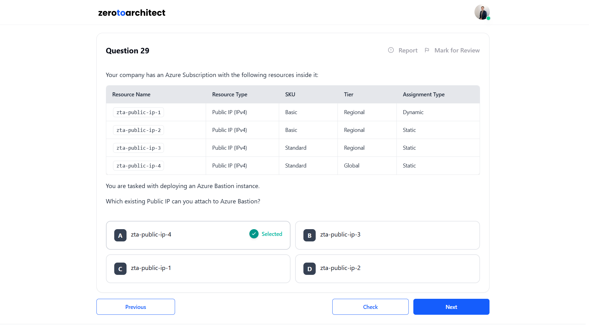 ZeroToArchitect practice exam interface